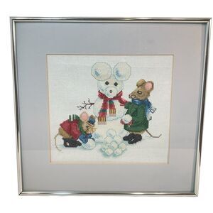 MICE BUILDING A SNOWMAN Completed Cross Stitch Framed Winter Holiday 14 X 15”
